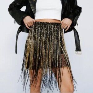 NWT Nasty Gal Tassel Beaded Metallic Mini Skirt (US 10 / UK 14)
